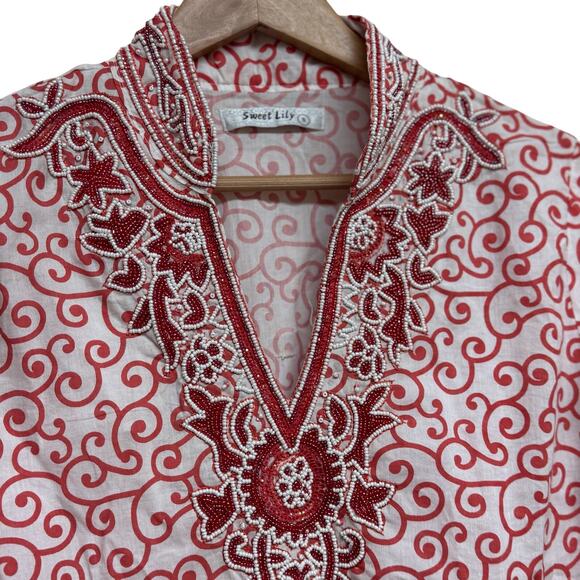 Sweet Lily Red White Embroidered Beaded Tunic Top Size Small - Picture 4 of 9